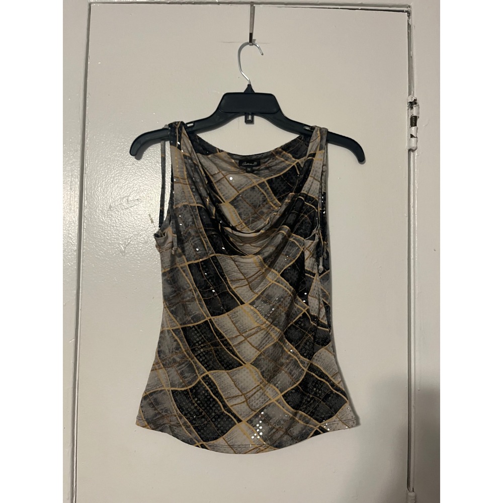 Arden B Womens Cowl Neck Sequin Plaid Tank Top Black Grey Gold Size M